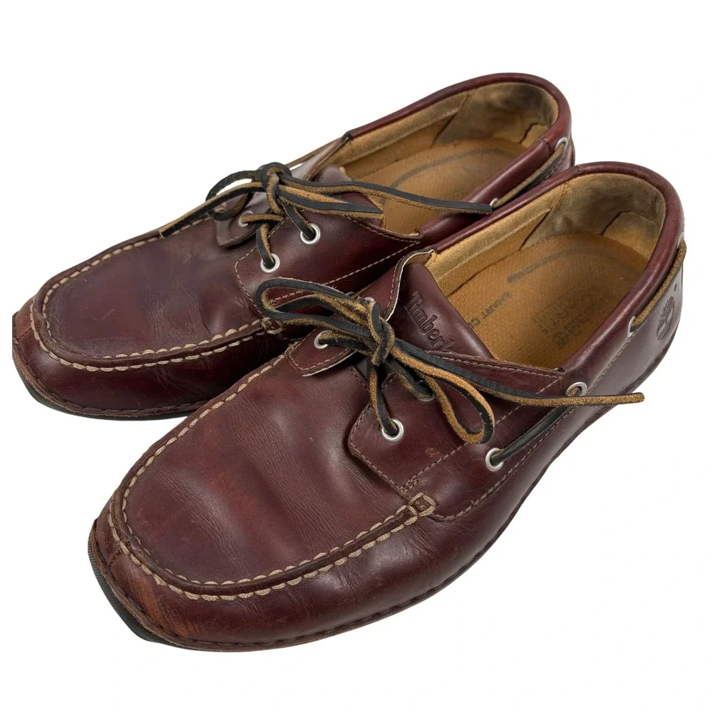 Timberland Boat Shoes Mens 9 Brown Leather Two-Eyed Smart Comfort Casual Loafers
